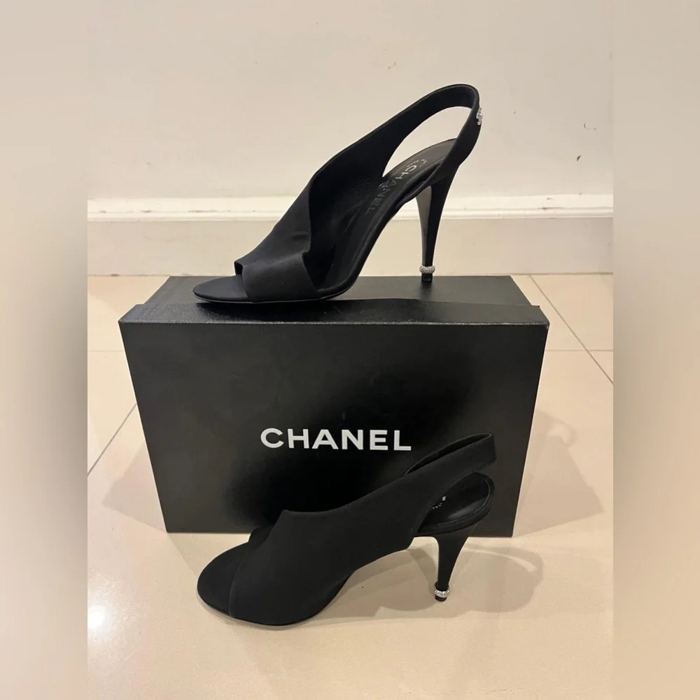 CHANEL Black Satin Slingback Peep-Toe Heels with Crystal CC Accent